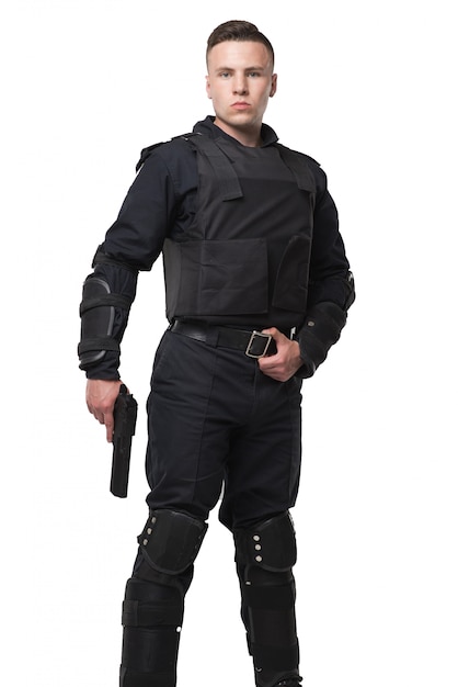 Armed special force soldier in black uniform