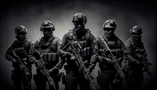 Photo armed special forces group on a dark background law and order protection concept swat group antiterrorism 0029 memorial day remembering the fallen soldiers around the world
