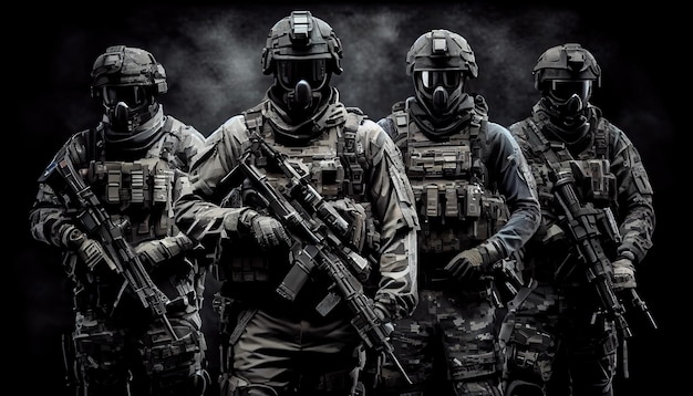 暗い背景に武装特殊部隊グループ 法と秩序保護の概念 スワットグループ反テロリズム 0029 メモリアルデー 世界中の戦没者を偲ぶ