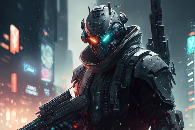 Armed super soldier with supersonic gun in the cyber city cyberpunk city