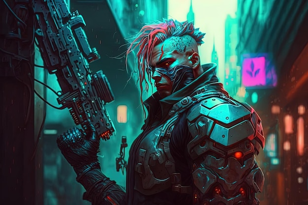 Armed super soldier with supersonic gun in the cyber city cyberpunk city