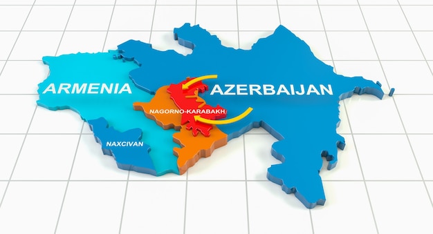 Армяно-азербайджанский конфликт в Нагорном Карабахе на трехмерной географической карте. 3d рендеринг