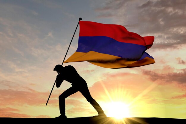 Armenia flag being pushed into the ground by a male silhouette 3D Rendering