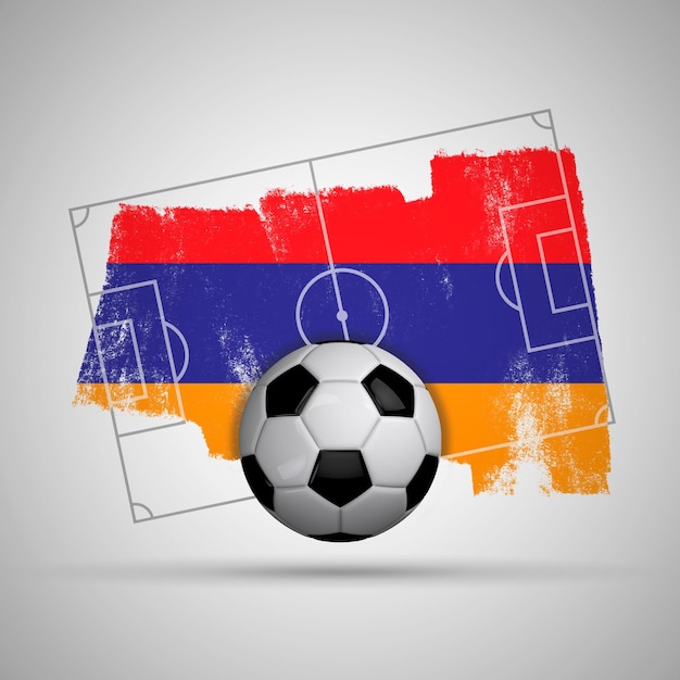 Armenia flag soccer background with grunge flag football pitch and soccer ball