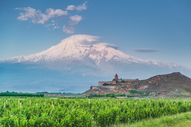 사진 ararat 산이 있는 아르메니아 khor virap 수도원