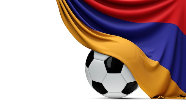 Armenia national flag draped over a soccer football ball 3D Rendering