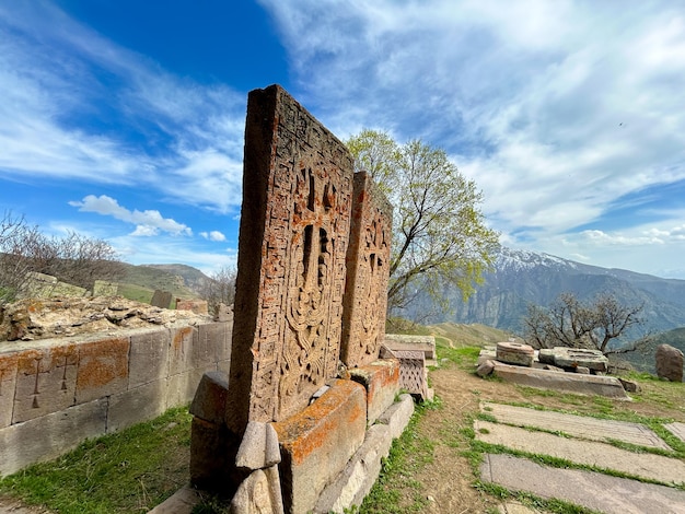 Armenian Khachkar also known as an Armenian crossstone in Tsaghats Kar Monastery