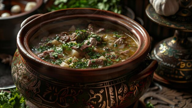 Photo armenian khash a winter season soup made from beef or lamb feet served in a large pot a traditional and hearty dish from armenia