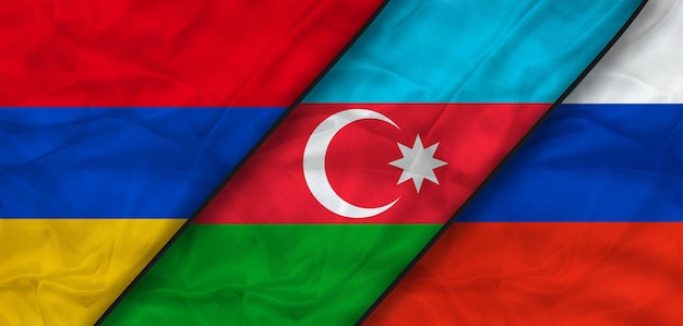 Armenië, Azerbeidzjan en Rusland vlaggen concept. Wapperende vlag, 3D-rendering. Armenië Azerbeidzjan Rusland.