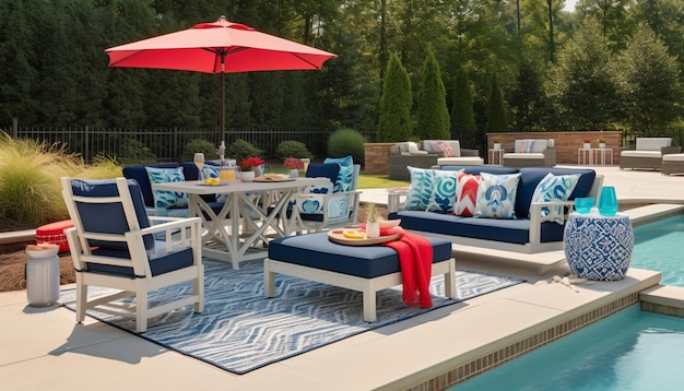 Armhouse patio furniture with navy cushion and patriotic memorial day color theme