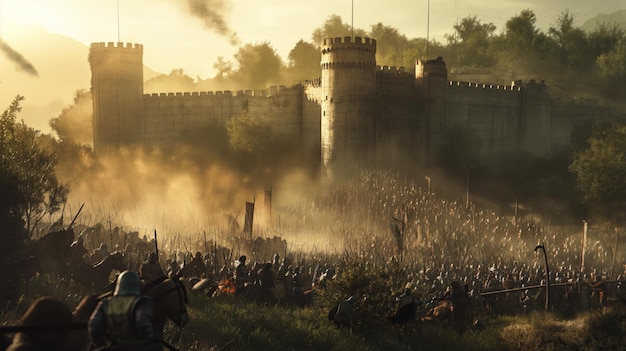Armies clash during a medieval siege with soldiers storming a fortress amid dust and sunset