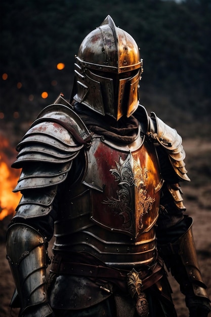 Armor of the medieval knight Knight in armor on fire