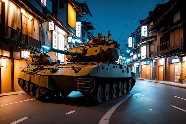 Armor tank in street night at japan generative art by AI