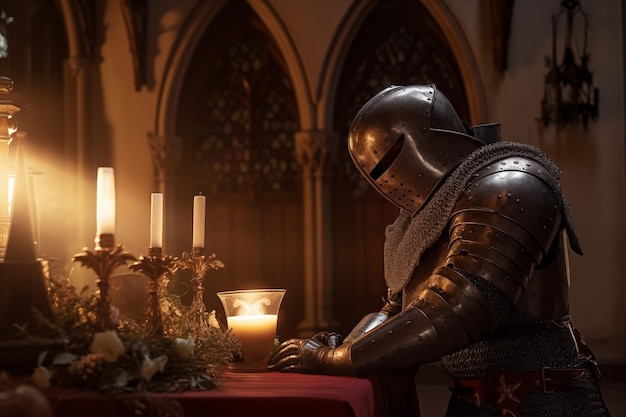 Armored knight looking at candles while praying in church Generative AI