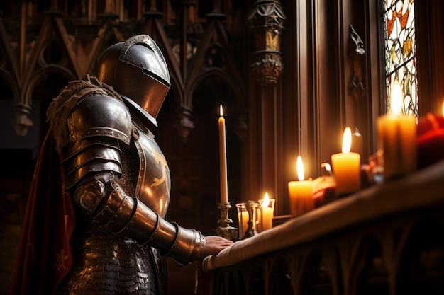 Photo armored knight looking at candles while praying in church generative ai
