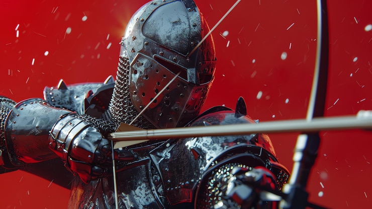 Photo armored medieval knight aiming a longbow with intense focus against a vivid red background