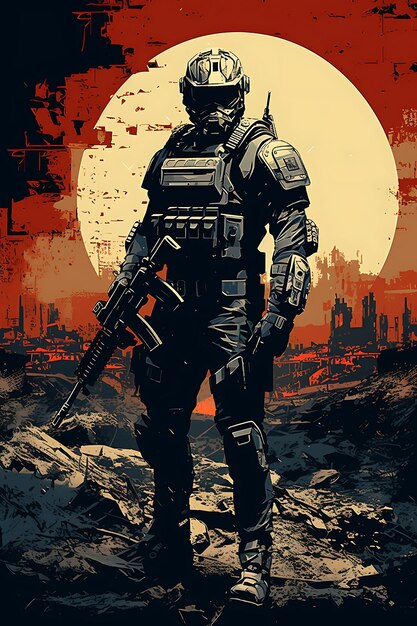 Photo armored soldier in a warravaged landscape debris and ruins poster design 2d a4 creative ideas