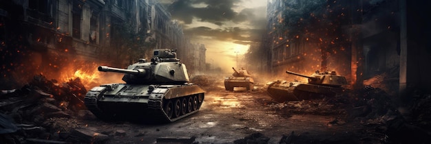 Фото Бронированные танковые кресты разрушили город во время войны вторжение эпическая сцена огня и некоторые в войне генеративный ай