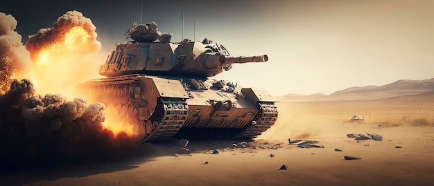 Armored tank crosses a mine field during war invasion epic scene of fire and some in the desert AIGenerated