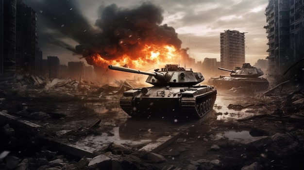 Бронированный танк пересекает разрушенный войной город