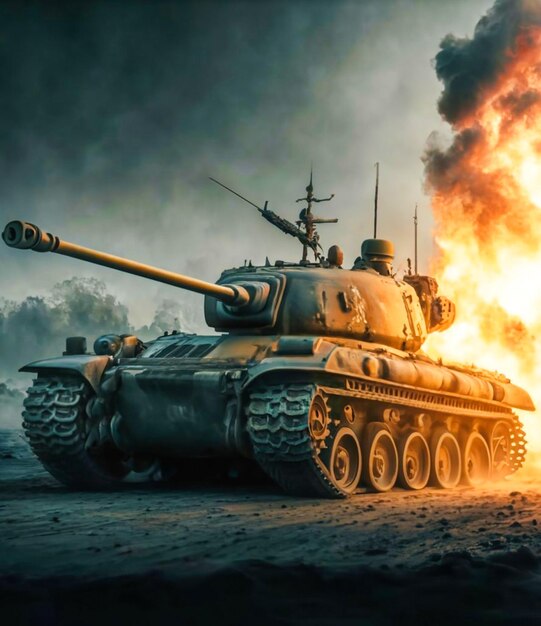 armored tank shooting of a battle field in a war bombs and explosions in the background