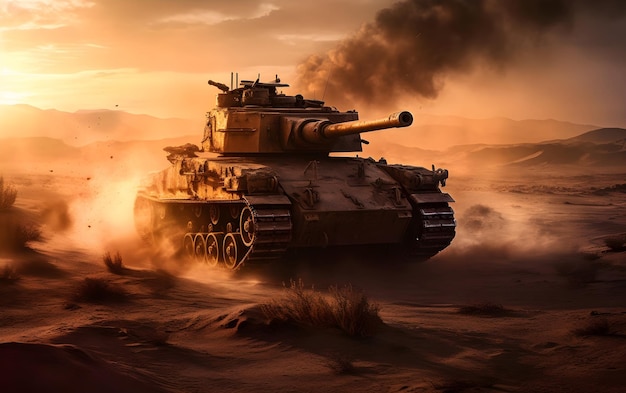 An armored tank slowly advances through a minefield Generative AI