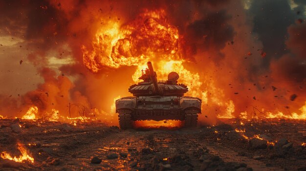 Бронированный танк стреляет на поле битвы в войне Настольный фон обоев