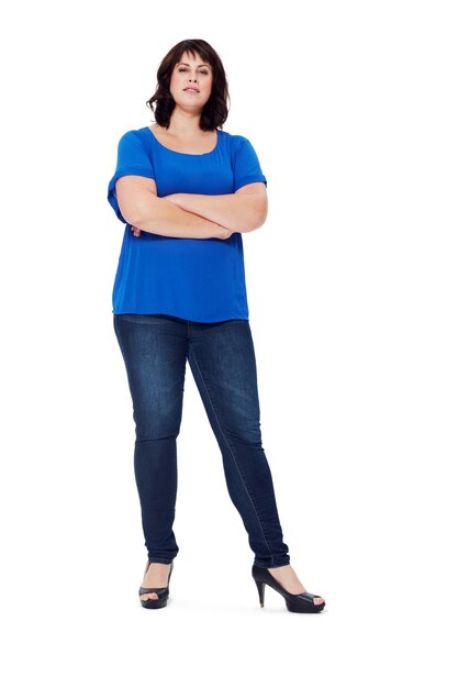 Photo arms crossed confident and portrait of a woman with a vision on a white background in studio fashion elegant and clothing model with confidence high heels and arms folded on a studio background