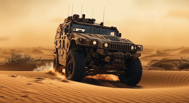 Army Humvee driving in a desert