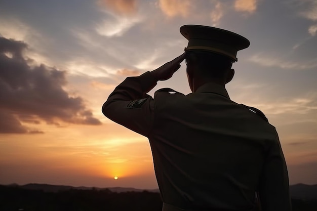 Foto uomo dell'esercito che saluta il sole al tramonto ai generativo