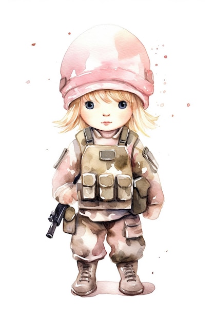 Army military soldier watercolor clipart cute isolated on white background with Generative AI