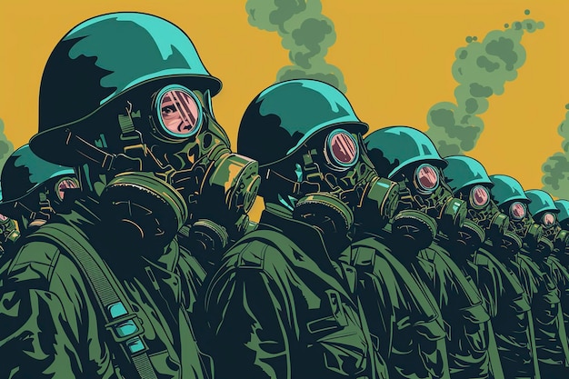 army parade with soldiers wearing the chemical gas mask