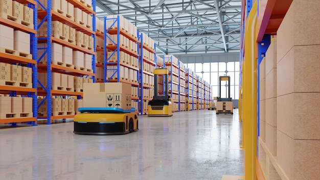 An army of robots efficiently sorting hundreds of parcels per hour(Automated guided vehicle) AGV.3d rendering