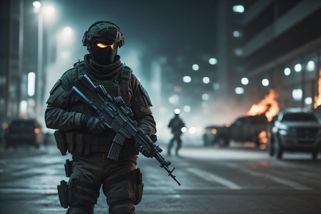 Фото Армейский солдат, носящий черную тактическую одежду, с ночным видением, созданным искусственным интеллектом.