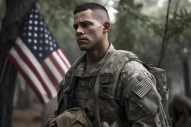 army soldier in cemetery with american flag