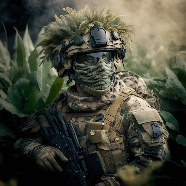 Army soldier in combat uniform with assault rifle plate carrier and combat helmet action photo