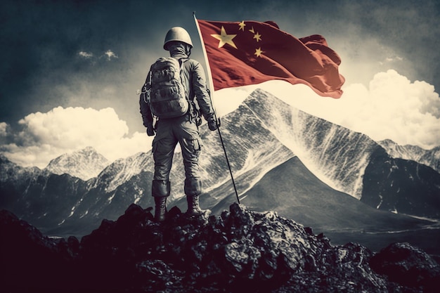 Army soldier holding China flag in hand on the top of the mountain