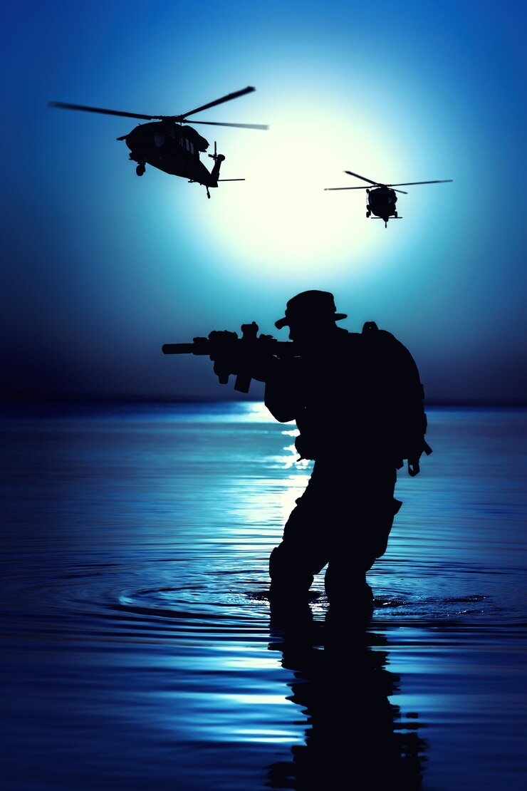 Photo army soldier with rifle night moon silhouette under cover of darkness in action during raid crossing river in the water. combat helicopters are supporting operation from air