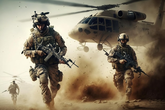 Foto soldati dell'esercito che combattono con le pistole e difendono il loro paese elicottero da combattimento dietro la scena