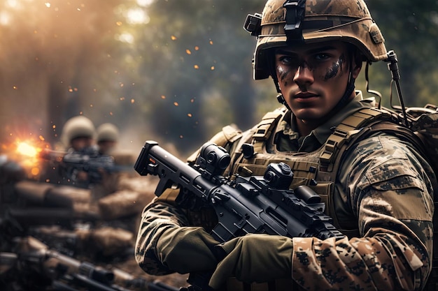 army soldiers in the fog against a battle field background