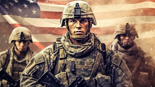 Army soldiers with usa flag generative ai