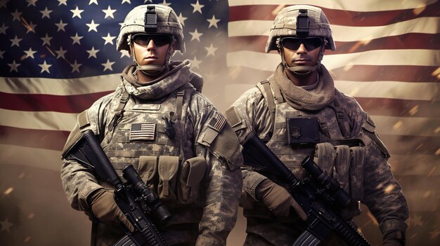 Army soldiers with usa flag Generative ai