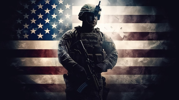 Foto soldato dell'esercito con la bandiera degli stati uniti generativo ai
