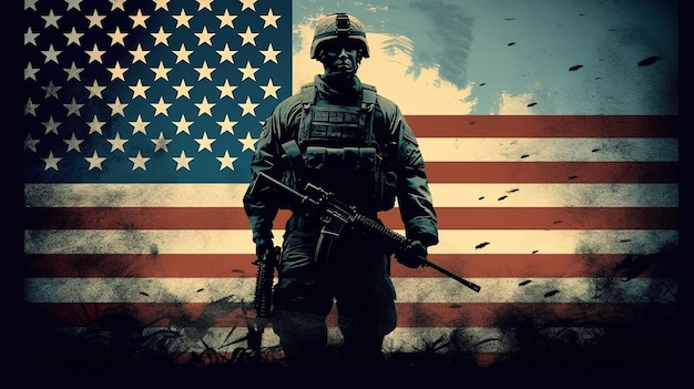 Army solider with USA flag Generative ai