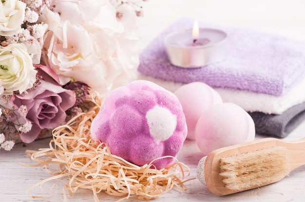 Aroma bath bombs with pink purple bouquet