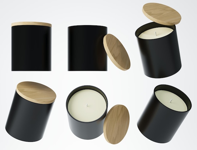 Ароматическая свеча в черной керамической банке с хлопковым фитилем и деревянной крышкой 3D-рендеринг под разными углами, брендинг и дизайн, готовый коммерческий реалистичный макет
