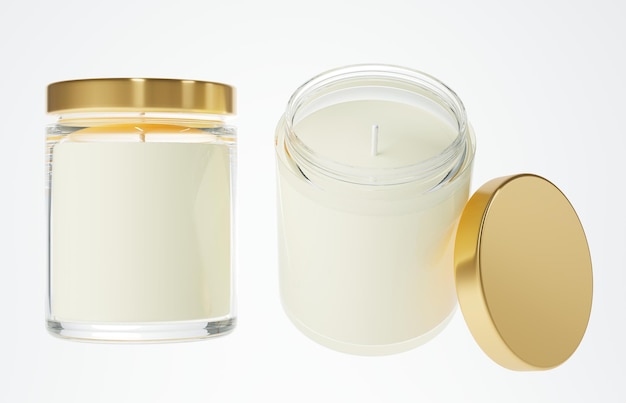 Aroma candle in clear glass jar with cotton wick and yellow gold lid 3D render different angles