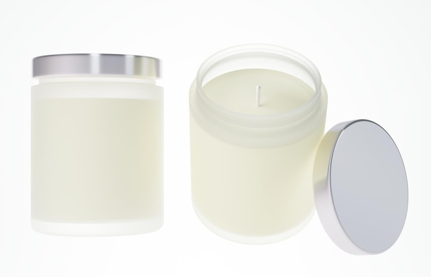 Aroma candle in frosted glass jar with cotton wick and silver lid 3D render different angles