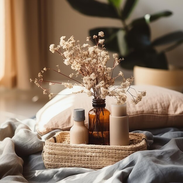 Aroma candle on the table with dry flowers Cozy home comfort relaxation and wellness concept