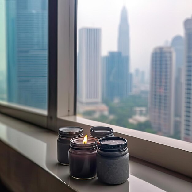 Aroma candles on the windowsill with a city view background